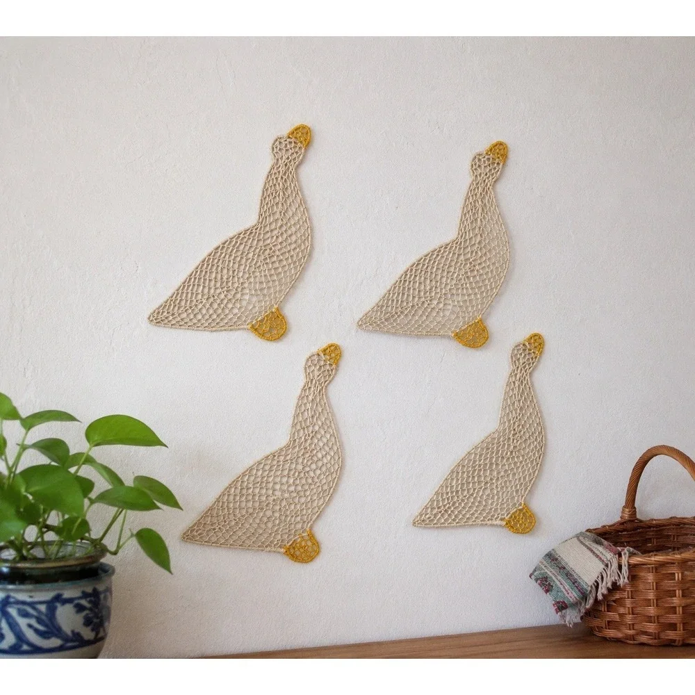Vtg Handwoven Raffia Bird Duck Ornaments Folk Art Wall Decor Set‎ 4 Cottagecore